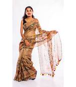 Unitex Fashion brown printed linen saree with blouse