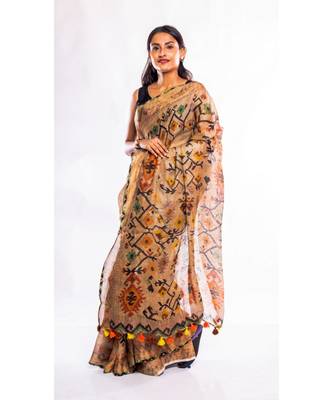 Unitex Fashion brown printed linen saree with blouse 2