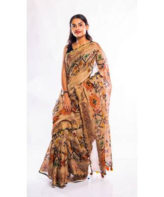 Unitex Fashion brown printed linen saree with blouse 3