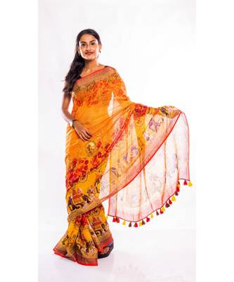 Unitex Fashion orange printed linen saree with blouse 1