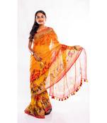 Unitex Fashion orange printed linen saree with blouse