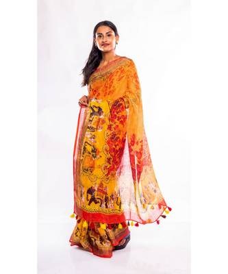 Unitex Fashion orange printed linen saree with blouse 2