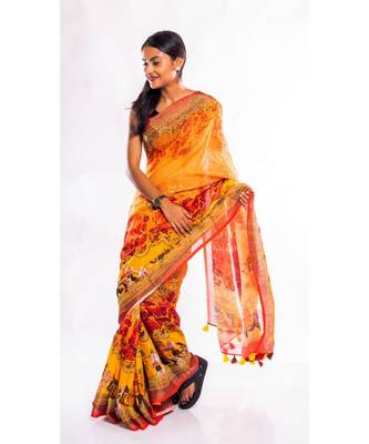 Unitex Fashion orange printed linen saree with blouse 3