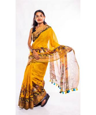 Unitex Fashion yellow printed linen saree with blouse 1