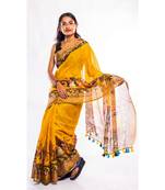 Unitex Fashion yellow printed linen saree with blouse