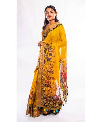 Unitex Fashion yellow printed linen saree with blouse 2
