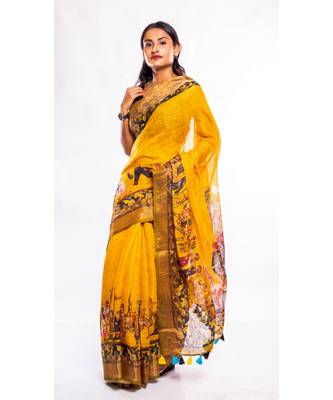 Unitex Fashion yellow printed linen saree with blouse 3