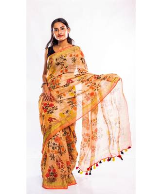 Unitex Fashion beige printed linen saree with blouse 1