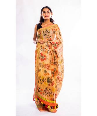 Unitex Fashion beige printed linen saree with blouse 2