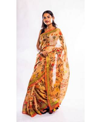 Unitex Fashion beige printed linen saree with blouse 3