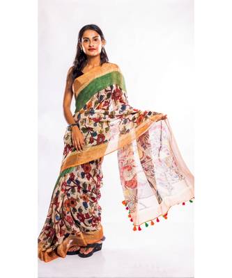 Unitex Fashion multicolor printed linen saree with blouse 1