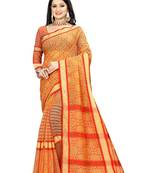 Orange printed linen saree with blouse