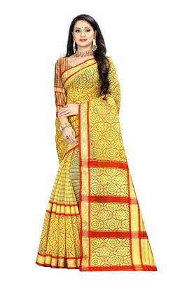 Yellow printed linen saree with blouse 1