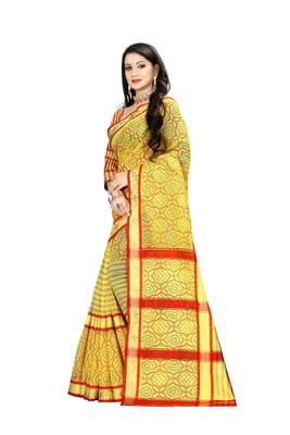 Yellow printed linen saree with blouse 2