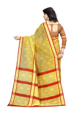 Yellow printed linen saree with blouse 3