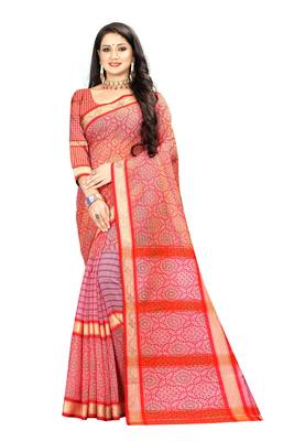 Pink printed linen saree with blouse 1