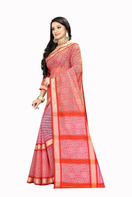 Pink printed linen saree with blouse 2