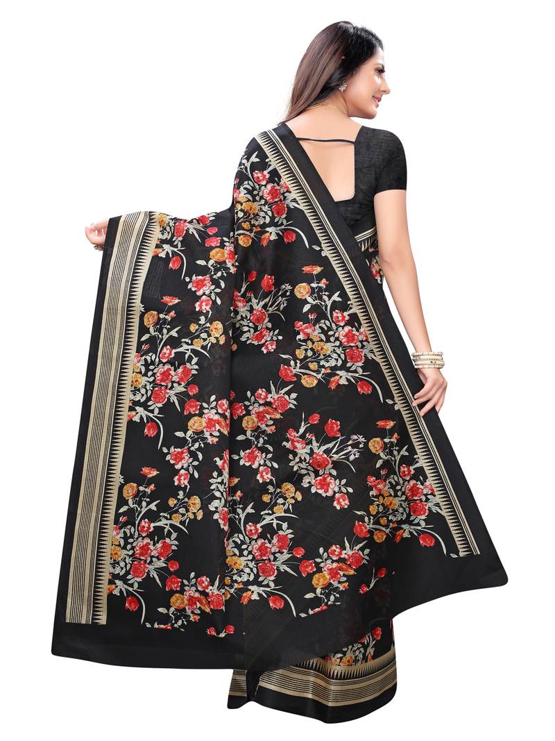 Women's Bhagalpuri Silk Black Printed Ready to Wear With Blouse Piece