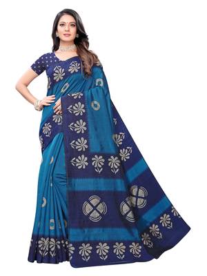 Blue printed bhagalpuri silk saree with blouse 1