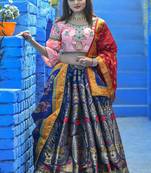 Navy-blue woven silk semi stitched lehenga