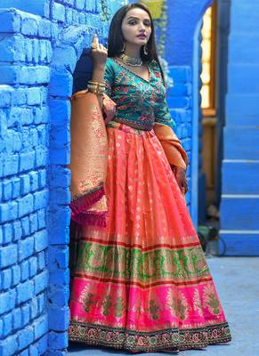 Dark-peach woven silk semi stitched lehenga 1