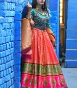 Dark-peach woven silk semi stitched lehenga