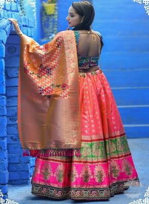 Dark-peach woven silk semi stitched lehenga 2