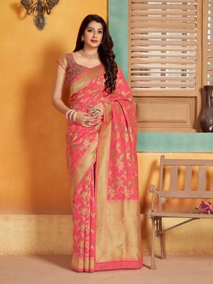 Pink woven banarasi silk saree with blouse 1