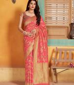 Pink woven banarasi silk saree with blouse