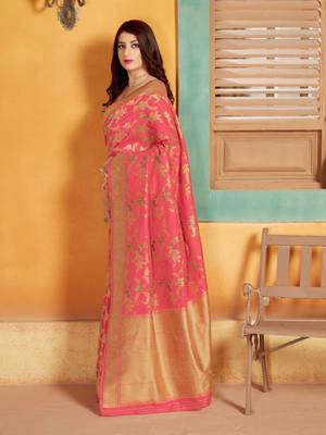 Pink woven banarasi silk saree with blouse 2