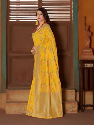 Yellow woven banarasi silk saree with blouse 2