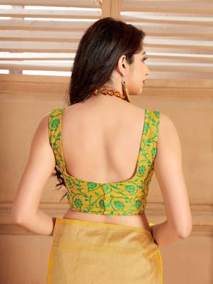 Yellow woven banarasi silk saree with blouse 5