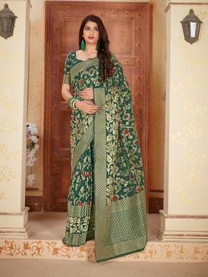 Green woven banarasi silk saree with blouse 1