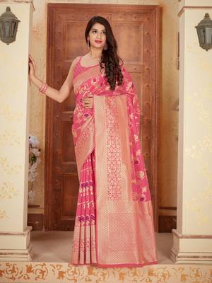 Pink woven banarasi silk saree with blouse 1