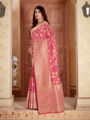 Pink woven banarasi silk saree with blouse 2