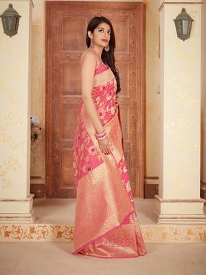 Pink woven banarasi silk saree with blouse 3