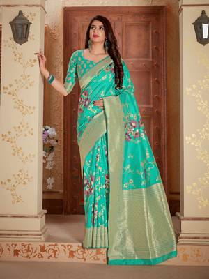 Turquoise woven banarasi silk saree with blouse 1