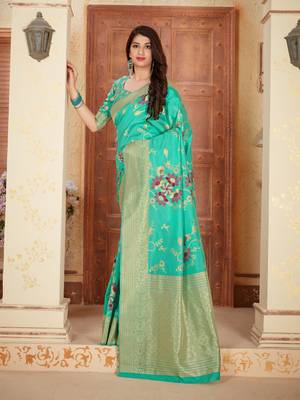 Turquoise woven banarasi silk saree with blouse 2