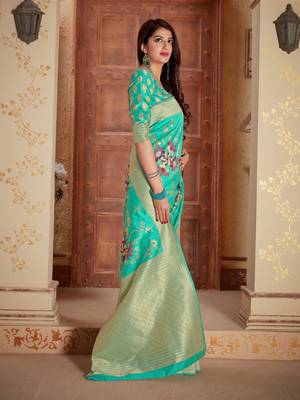 Turquoise woven banarasi silk saree with blouse 3