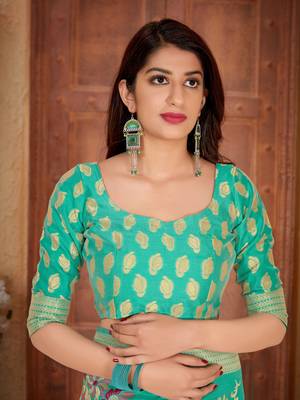Turquoise woven banarasi silk saree with blouse 4