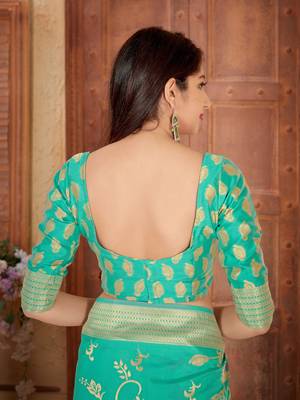 Turquoise woven banarasi silk saree with blouse 5