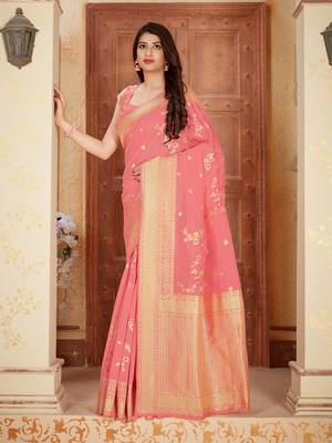 Peach woven banarasi silk saree with blouse 2