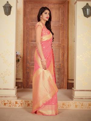 Peach woven banarasi silk saree with blouse 3