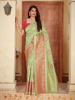Light green woven banarasi silk saree with blouse 1
