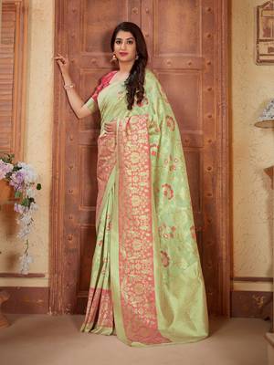 Light green woven banarasi silk saree with blouse 2