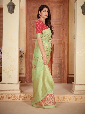 Light green woven banarasi silk saree with blouse 3
