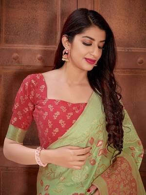 Light green woven banarasi silk saree with blouse 4