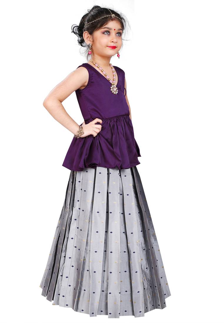Kids Silver Cotton Silk Lehenga Choli 