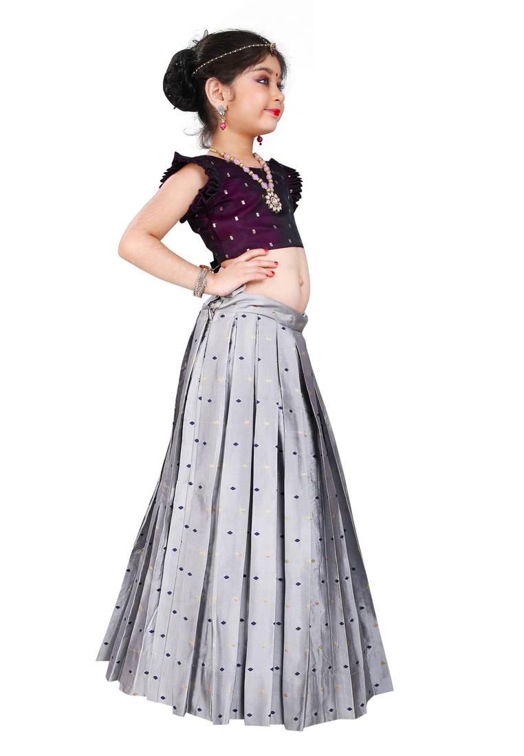 Kids Maroon Blouse And Silver Lehenga Choli Set For Girls 