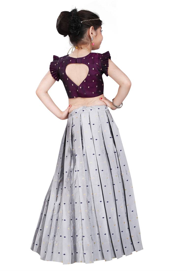 Kids Maroon Blouse And Silver Lehenga Choli Set For Girls 